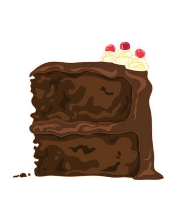 an illustration of a slice of chocolate cake with cream swirls and cherry decoration on a white backgroundのイラスト素材