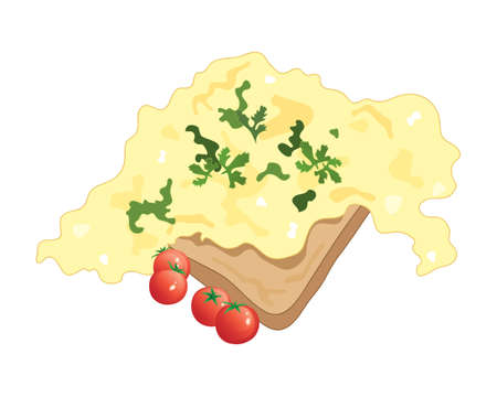 an illustration of scrambled eggs on toast with cherry tomatoes and cilantro garnish on a white backgroundのイラスト素材