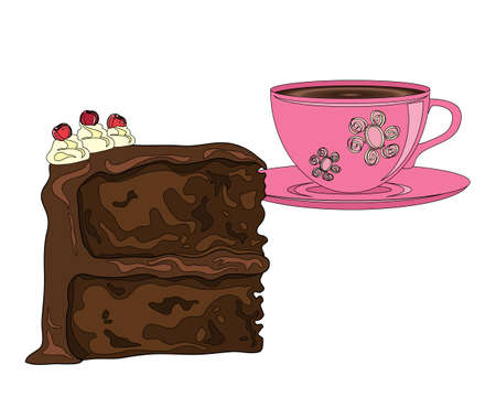 an illustration of chocolate cake with cherry decoration with a cup of strong coffee on a white...