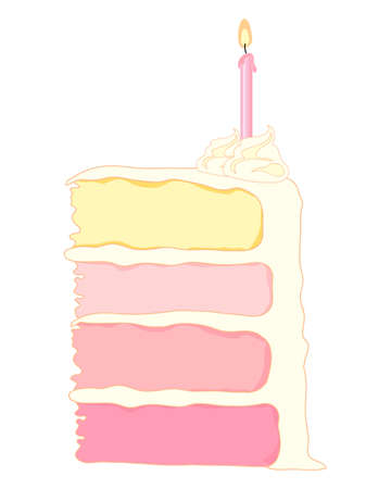 an illustration of a slice of birthday cake with four layers of pink shaded sponge cake with creamy...