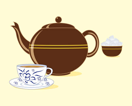 an illustration of a brown color old fashioned teapot with matching sugar bowl and a blue and white tea cup and saucer on a pale lemon backgroundのイラスト素材