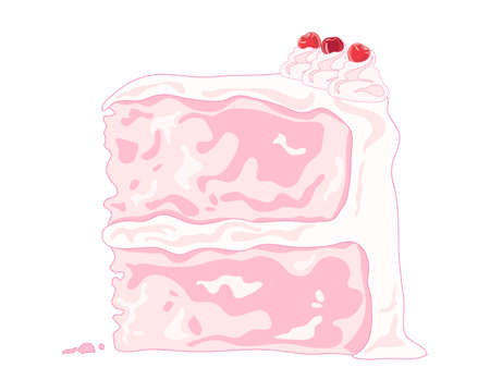 an illustration of a slice of fancy pink celebration cake with cream swirls and cherry decoration on a white backgroundのイラスト素材