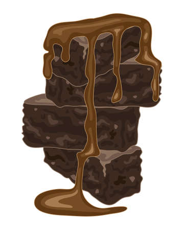 an illustration of a stack of home made chocolate brownies with a rich chocolate sauce on a white backgroundのイラスト素材