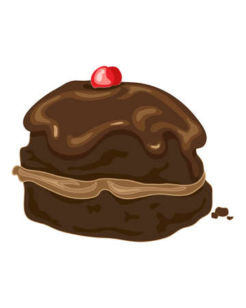 an illustration of a fancy iced chocolate bun with chocolate cream filling and a glace cherry as decoration on a white backgroundのイラスト素材