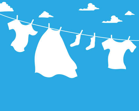 an illustration of a white washing line with bright white clothes on a bold blue background with fluffy white cloudsのイラスト素材