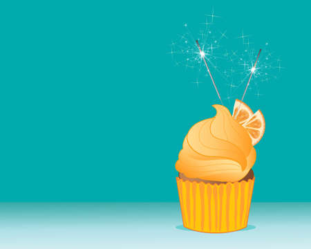 an illustration of a bright orange cupcake with fruit decoration and sparklers on a turquoise backgroundのイラスト素材