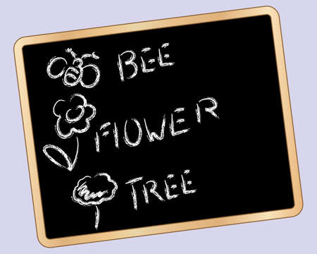 an illustration of a blackboard with with drawings and words written in chalk on a lilac backgroundのイラスト素材