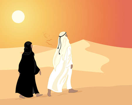 an illustration of an arab couple walking through the sand dunes in the evening under an orange sunset skyのイラスト素材