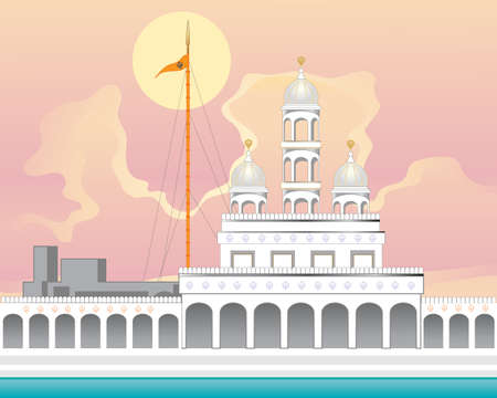 an illustration of a beautiful punjabi gurdwara in white marble with orange flag pole known as nishan sahib and sarovar at sunrise with a big yellow sunのイラスト素材