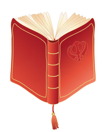 an illustration of a red prayer book with open pages golden trim and book mark on a white backgroundのイラスト素材