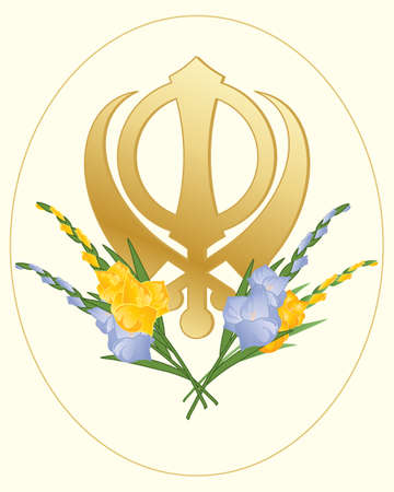 an illustration of a greeting card with a sikh golden symbol of the faith decorated with gladioli flowers on a cream backgroundのイラスト素材