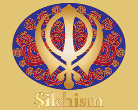an illustration of a sikh symbol in gold on a stylized rose background in red and purple with the word sikhismのイラスト素材