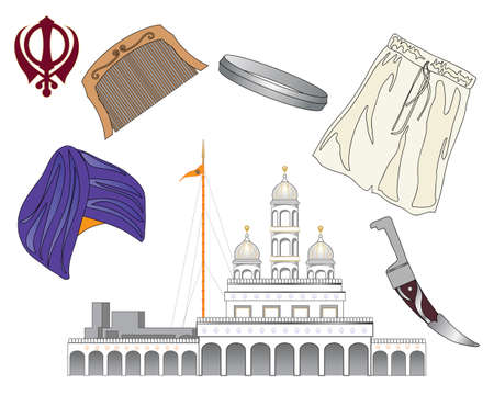 an illustration of the symbols of the sikh faith called the five ks with a gurdwara on a white backgroundのイラスト素材