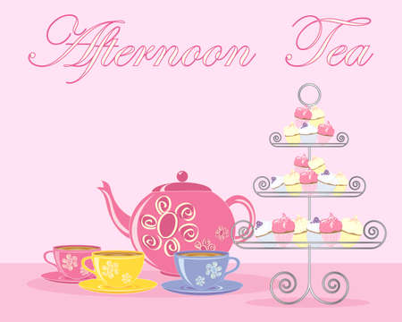 an illustration of a traditional english afternoon tea in advert format with teapot cups and fancy cake stand on a pink backgroundのイラスト素材