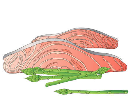an illustration of asparagus spears with two salmon steaks in advert format on a white backgroundのイラスト素材
