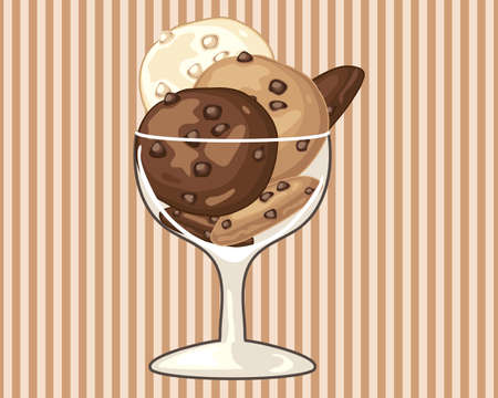 an illustration of a fancy glass with chocolate chip cookies stacked on a stripe backgroundのイラスト素材