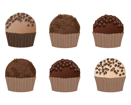 an illustration of a selection of chocolate truffles with various decorations on a white backgroundのイラスト素材