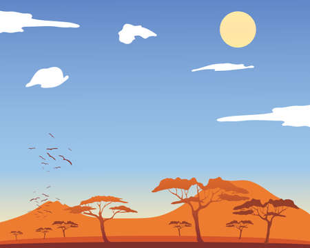 an illustration of a hot african landscape with acacia trees and mountains with fluffy white clouds and a yellow sunのイラスト素材