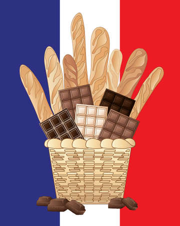 an illustration of a basket of long french loaves with bars of milk plain and white chocolate on a french flag backgroundのイラスト素材