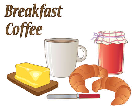 an illustration of a breakfast meal with a mug of coffee two croissant a jar of strawberry jam butter and a knifeのイラスト素材