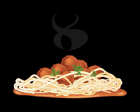 an illustration of meatballs with spaghetti and tomato sauce with cilantro garnish and steam on a black backgroundのイラスト素材