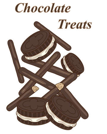 an illustaration of chocolate cream biscuits and fingers arranged on a white backgroundのイラスト素材