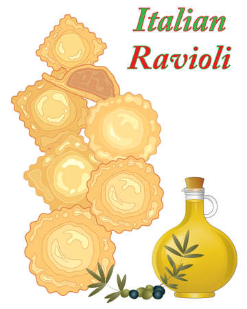 an illustaration of ravioli parcels on a white background with olive oilのイラスト素材
