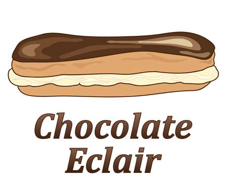an illustaration of a delicious chocolate eclair with cream and choux pastry in advert format on a white backgroundのイラスト素材