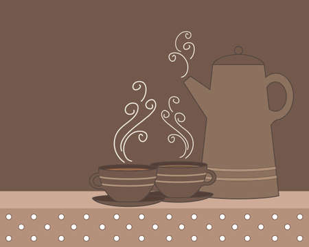 An illustration of a coffee pot and cups in shades of brown with polka dot vintage tablecloth and space for text.のイラスト素材