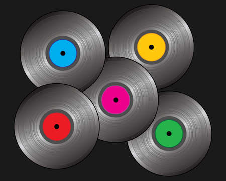 an illustration of five 80s style vinyl records with colorful labels on a black backgroundのイラスト素材