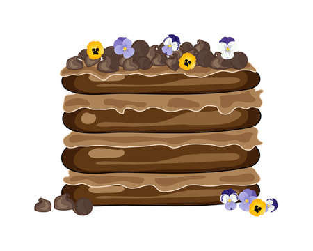 an illustration of a layered chocolate cake with cream filling decorated with chocolate chips and...