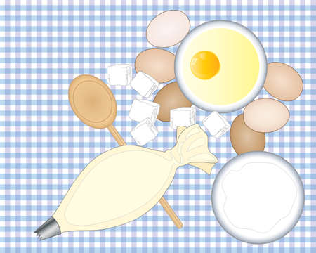 an illustration of baking ingredients and utensils spread on a blue gingham tableclothのイラスト素材