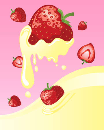 Illustration of fresh garden strawberries in a sea of dairy cream.のイラスト素材