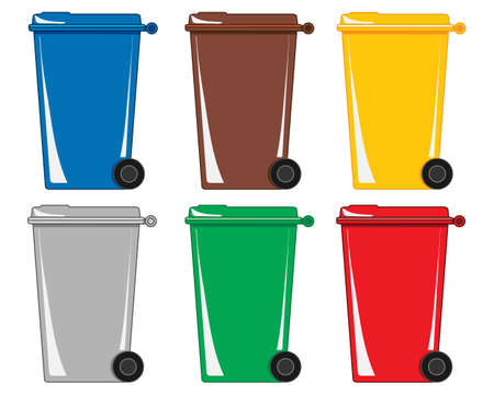 An illustration of six colorful wheelie bins for different types of refuse and recycling on a white backgroundのイラスト素材