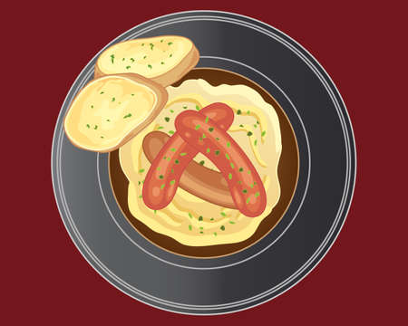 an illustration of a plate of sausages mashed potato gravy and buttered bread on a dark red backgroundのイラスト素材
