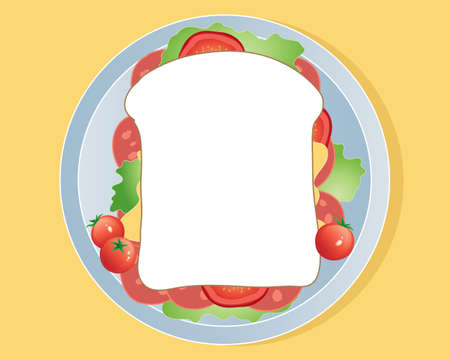 an illustration of an aerial view of a plate with a meat and salad sandwich on a mustard color backgroundのイラスト素材