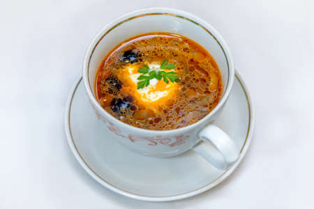 plate of tasty tasty soup with vegetables and greens, nourishing healthy foodの写真素材