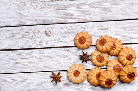 cookies and drying laid out on a beautiful wooden tableの写真素材