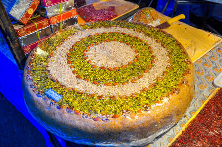 oriental sweets, big round cake with nuts and dried fruitsのeditorial素材