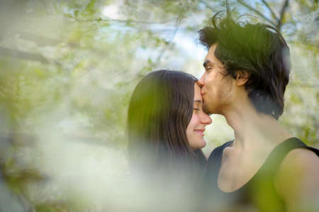 the happy loving couple embraces and kisses in the spring park, the blossoming trees, soft focus.の写真素材