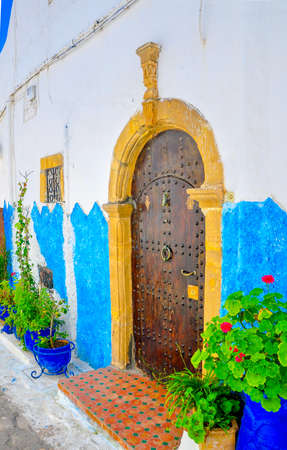 beautiful ancient doors in old quarter of the city of Essueyr, Moroccoの写真素材