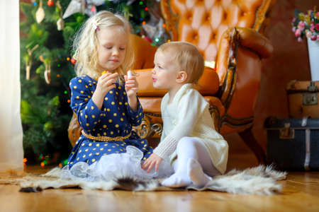 two little girls play with lipstick sitting on the floor, in the background a festive Christmas treeの写真素材