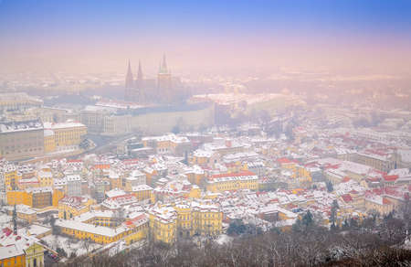 Panorama from the air of the winter city of Prague at sunset. Czech. Europeの写真素材