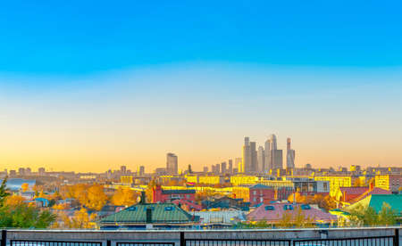 Panorama of the city of Moscow and the business center at sunsetの写真素材