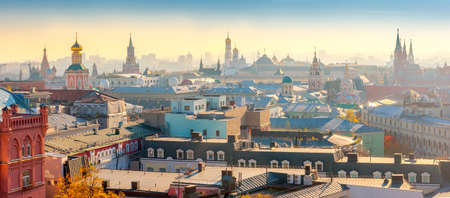 Panoramic aerial view of the historical part of Moscow in the eveningの写真素材