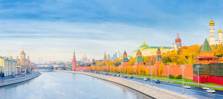 Panoramic view of the Moscow Kremlin and Moscow river in the autumn morningの写真素材