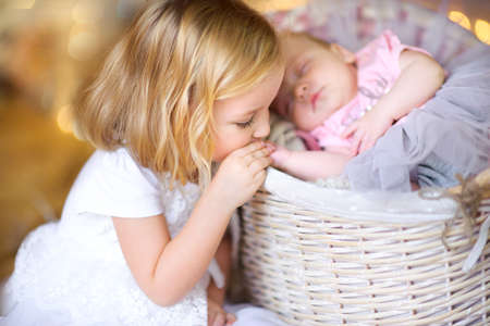 beautiful little girl kisses the handle of her newborn sister lying in a basket, positive emotionsの写真素材