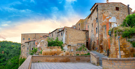 Panorama of the beautiful medieval town of Sorano at sunset, Italy. Europeの写真素材
