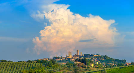 Panorama of the beautiful ancient city of San Gimmignano at sunset, Tuscany, Italy. Europeの写真素材