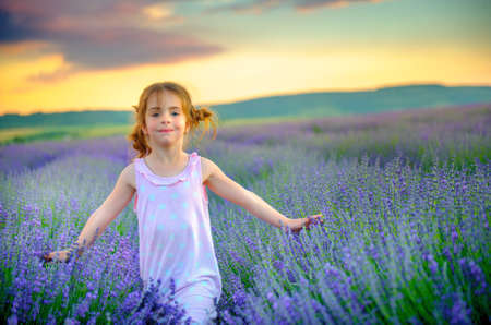 beautiful little girl is walking and having fun on the lavender field at sunsetの写真素材